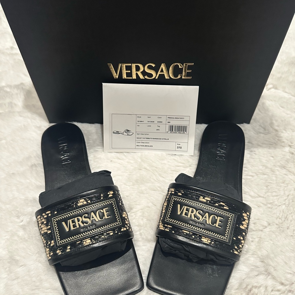 Versace Black Raffia Flats / Slides